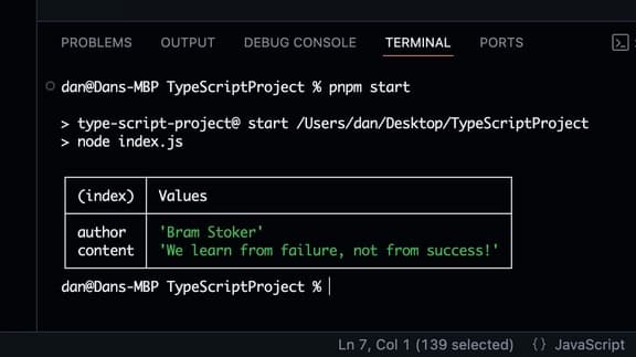 The console output of a TypeScript file that has been compiled to JavaScript